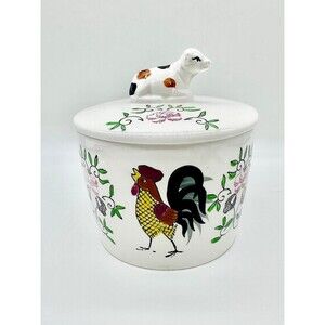 Cow Rooster Ceramic Grease Butter Jar Canister Pot Farmhouse Kitchen Cottage